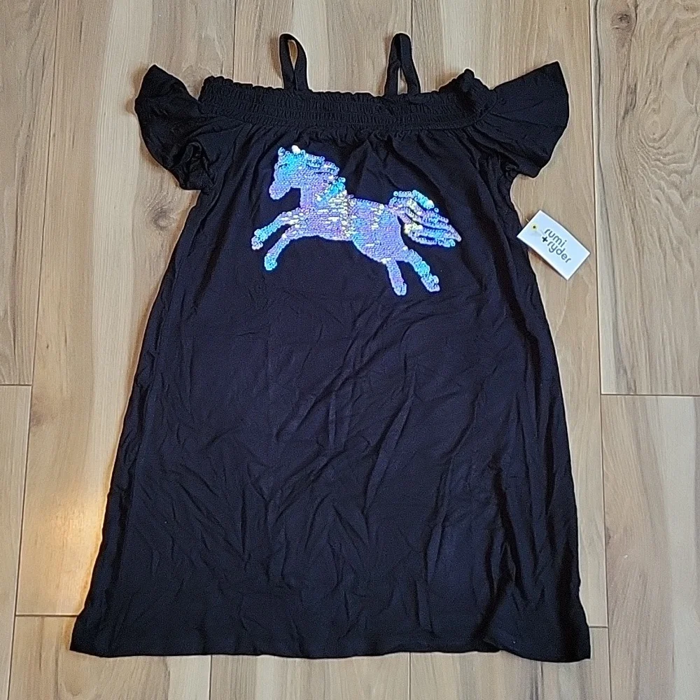 NWT rumi + ryder Girls Black Open Shoulder Black Unicorn Dress Size 8/10…